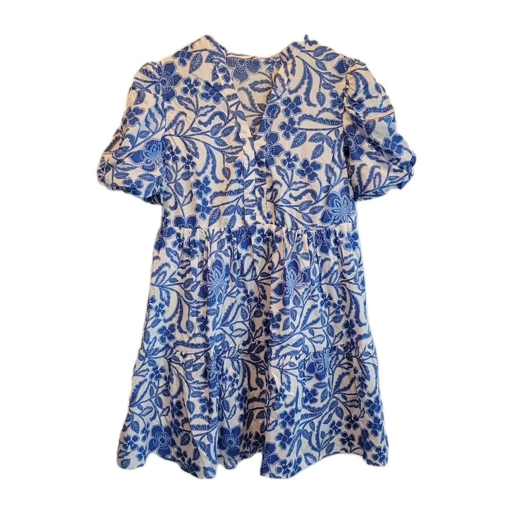 Women's Blue Floral Puff Sleeve Tiered Dress V Neck Size Large Summer Festival